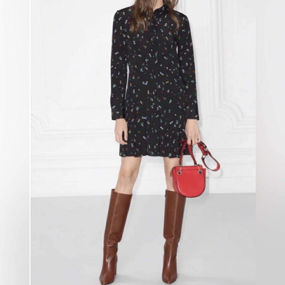 & Other Stories - women’s black floral print long sleeve shirt mini dress size 6